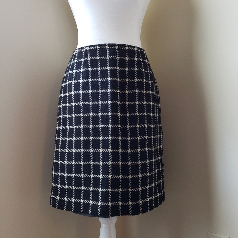 Talbots black white wool pencil plaid skirt